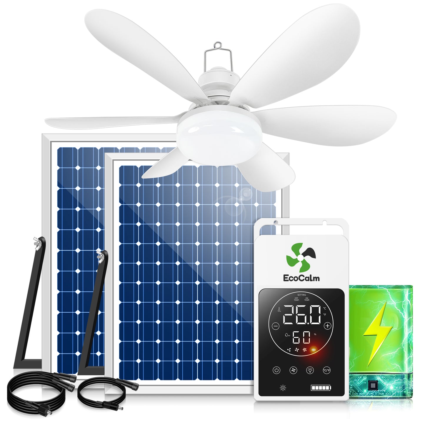 Solar Ceiling Fan Light with Battery, 20" Outdoor Ceiling Fans with Adjustable Thermostat & 2pcs 15W Bifacial Solar Panels, Solar Powered Fan for Gazebo, Chicken Coop, RV