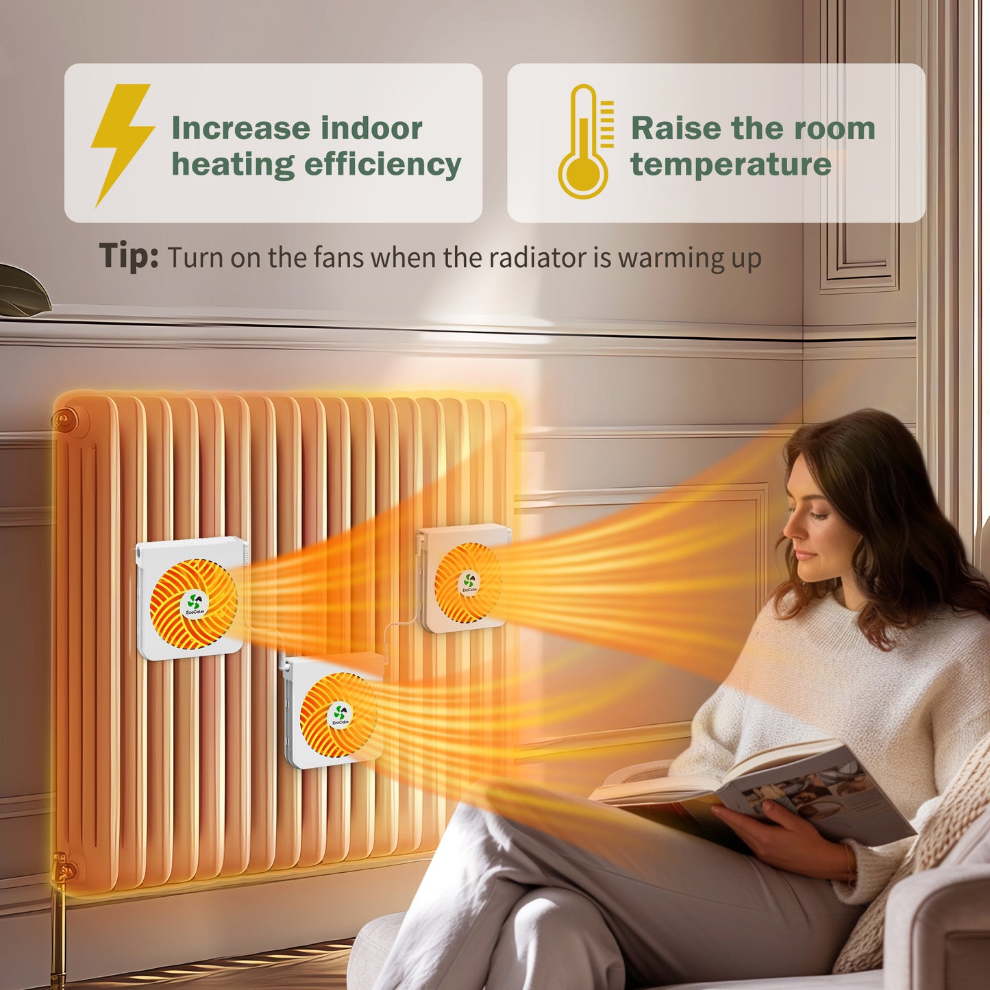 ecoCalm Heater Fan for Cast Iron Radiator/Oil Filled Radiator, Radiator Fan Booster Fixed with Strong Magnets, 3 Smart Ventilators Saves Energy and Increases The Heating Efficiency
