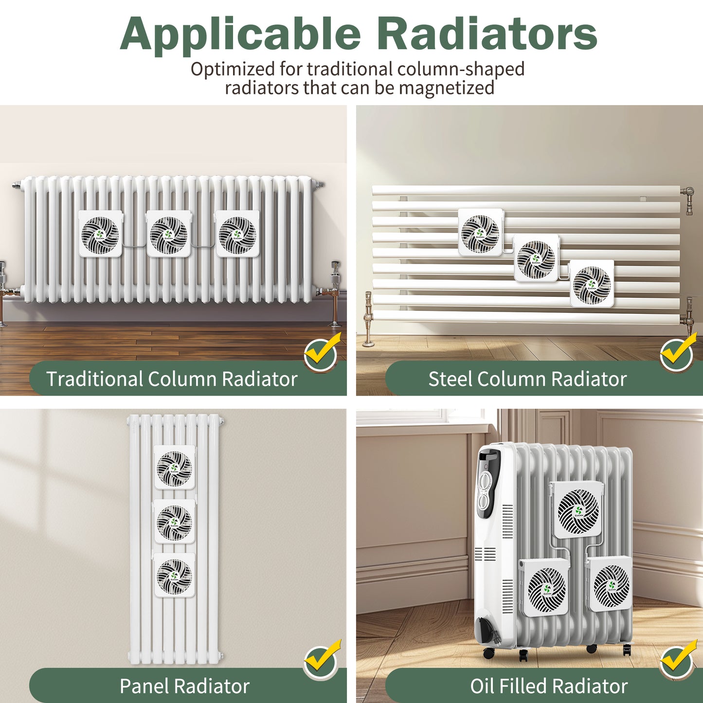 ecoCalm Heater Fan for Cast Iron Radiator/Oil Filled Radiator, Radiator Fan Booster Fixed with Strong Magnets, 3 Smart Ventilators Saves Energy and Increases The Heating Efficiency