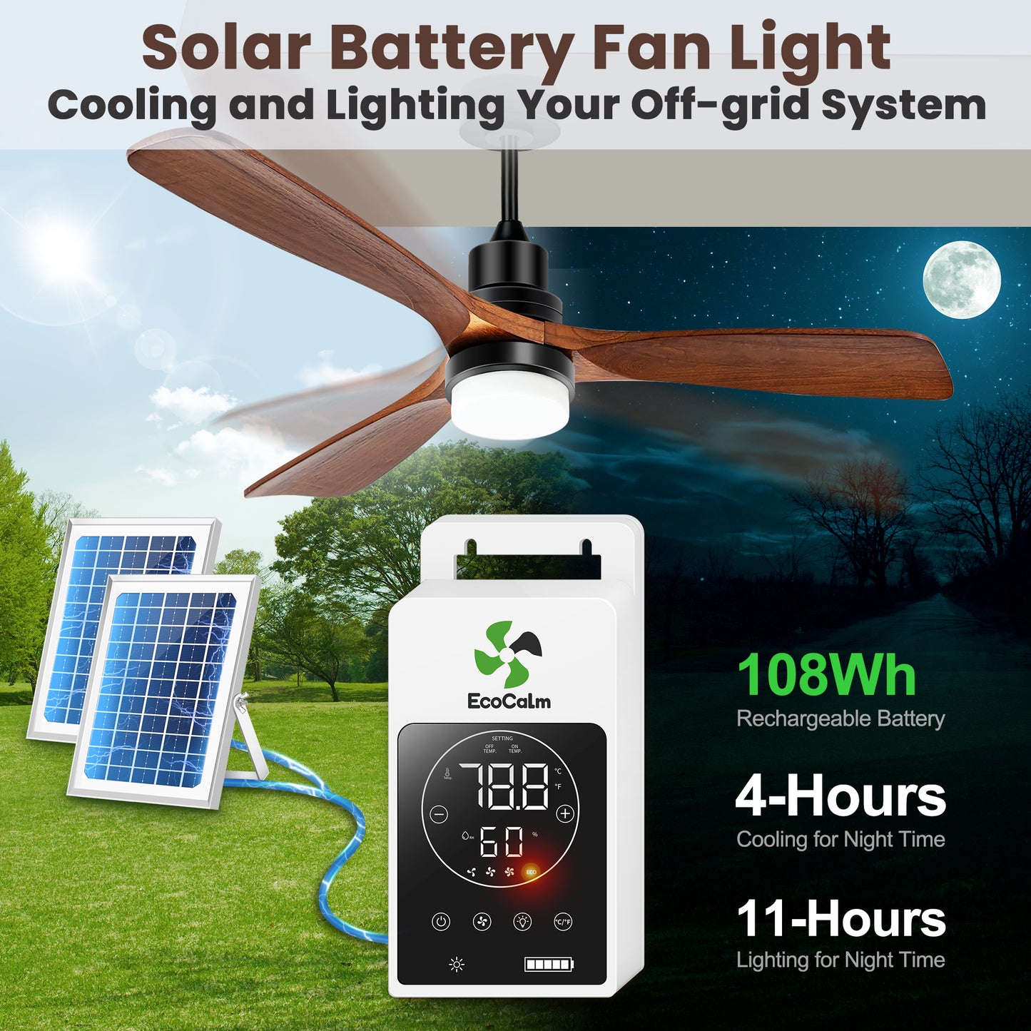 Solar Ceiling Fan for Outside 3 Speeds, Outdoor Ceiling Fans with Light & Battery, Quiet Wood Walnut Fan with Adjustable Thermostat for Gazebo, Patios (42inch)