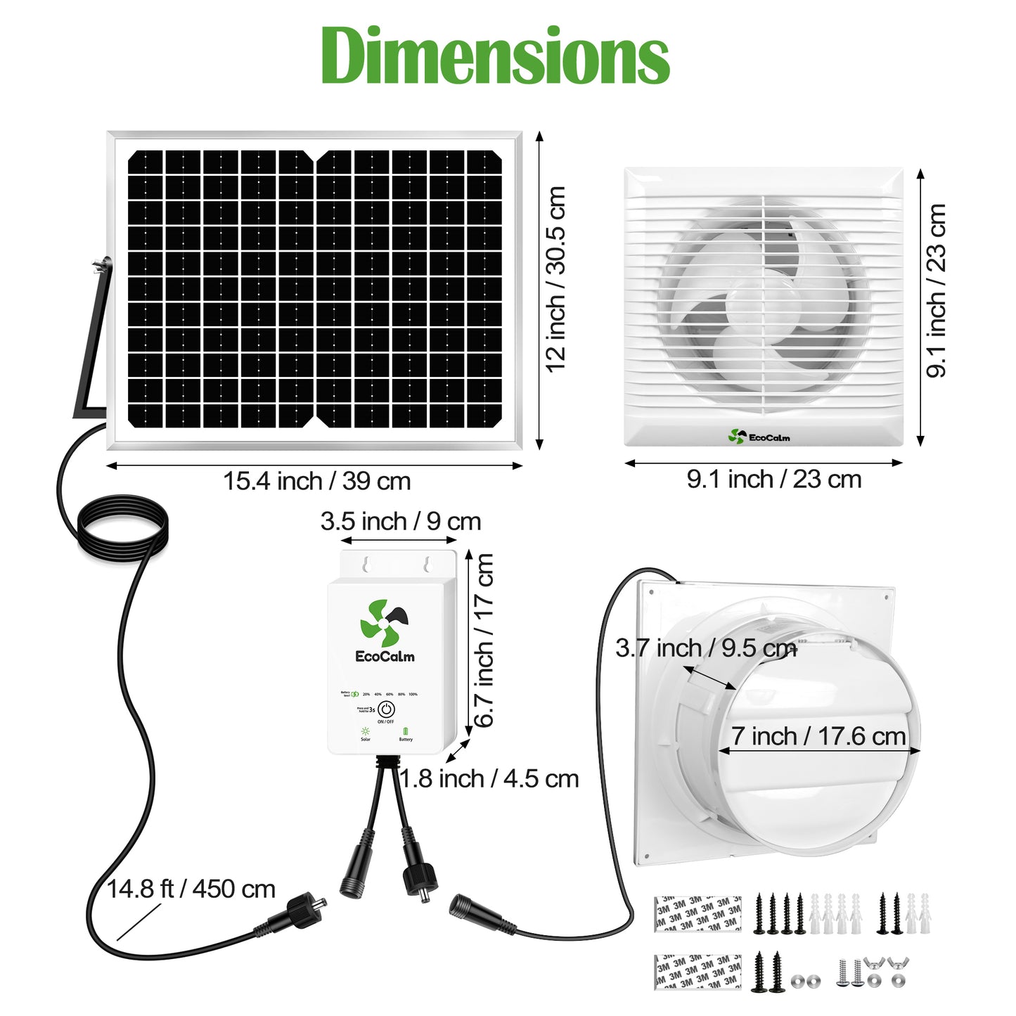 Solar Exhaust Fan with Battery and Adjustable Thermostat, Solar Powered Fan with 12W Bifacial Solar Panel for Greenhouse/Outside with Anti-backflow Valve (8in Fan)