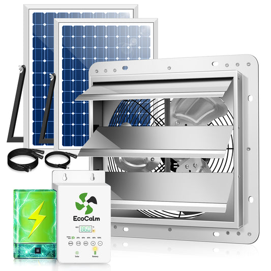 Solar Exhaust Fan Metal Structure 14" for Greenhouse with Battery and Adjustable Thermostat, Attic Fans for Garage and Shed with 2PCS 30W Bifacial Solar Panels