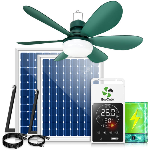 Solar Ceiling Fan Light with Battery, 20" Outdoor Ceiling Fans with Adjustable Thermostat & 2pcs 15W Bifacial Solar Panels, Solar Powered Fan for Gazebo, Chicken Coop, RV