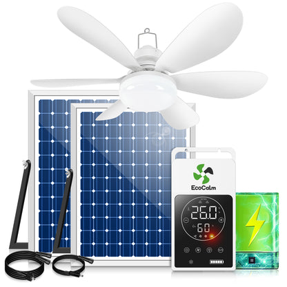 Solar Ceiling Fan Light with Battery, 20" Outdoor Ceiling Fans with Adjustable Thermostat & 2pcs 15W Bifacial Solar Panels, Solar Powered Fan for Gazebo, Chicken Coop, RV
