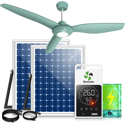Solar Outdoor Ceiling Fan Light for Gazebo with Battery, 52" Solar Ceiling Fan with Adjustable Thermostat & 2pcs 30W Bifacial Panels for Patios, Porch, Barn, Shed