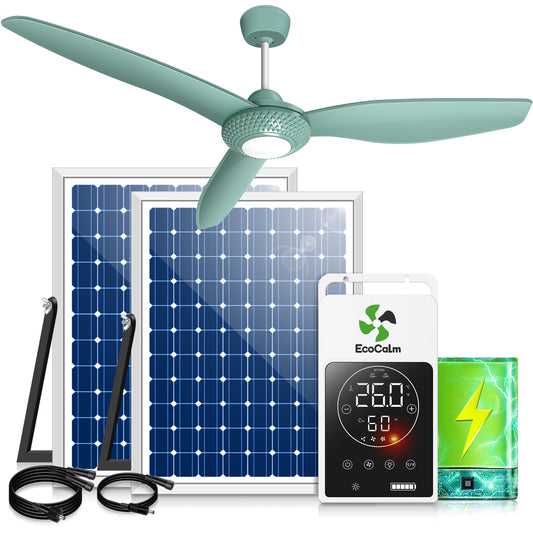 Solar Outdoor Ceiling Fan Light for Gazebo with Battery, 52" Solar Ceiling Fan with Adjustable Thermostat & 2pcs 30W Bifacial Panels for Patios, Porch, Barn, Shed