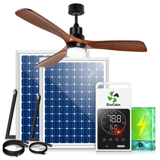 Solar Ceiling Fan for Outside 3 Speeds, Outdoor Ceiling Fans with Light & Battery, Quiet Wood Walnut Fan with Adjustable Thermostat for Gazebo, Patios (42inch)
