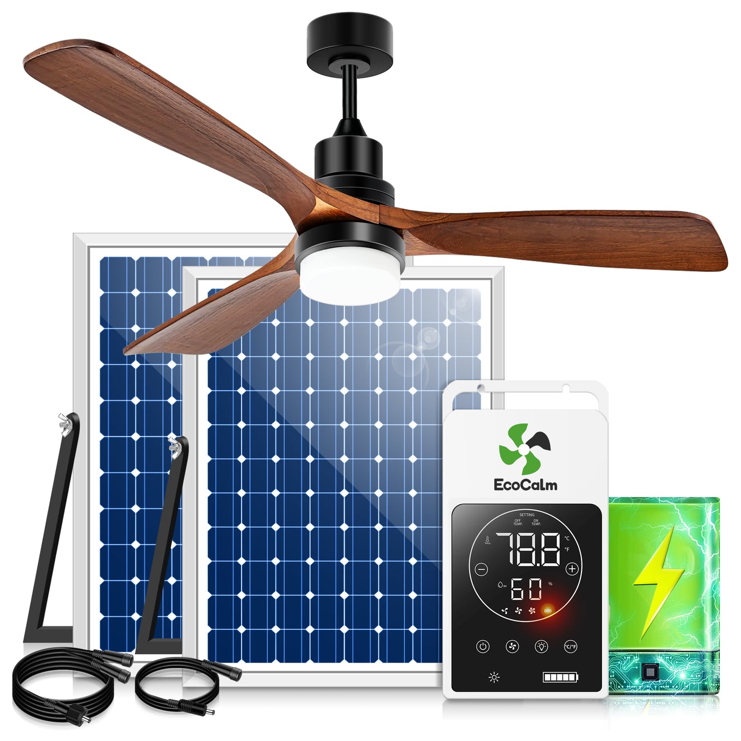 Solar Ceiling Fan Outdoor Fan with Light & Battery, 52" Solar Ceiling Fans for Outside 3 Speeds, Quiet Wood Walnut Fan with Adjustable Thermostat for Gazebo, Patios