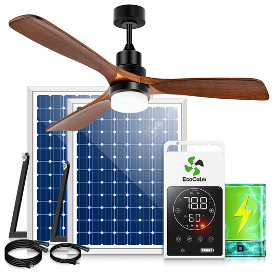 Solar Ceiling Fan Outdoor Fan with Light & Battery, 52" Solar Ceiling Fans for Outside 3 Speeds, Quiet Wood Walnut Fan with Adjustable Thermostat for Gazebo, Patios