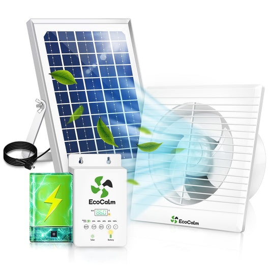 Solar Exhaust Fan with Battery and Adjustable Thermostat, Solar Powered Fan with 12W Bifacial Solar Panel for Greenhouse/Outside with Anti-backflow Valve (6in Fan)