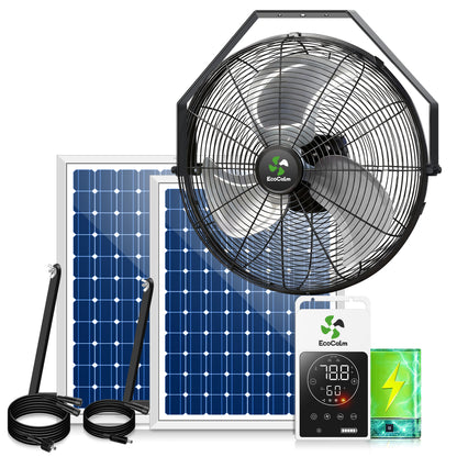 Solar Wall Mount Fan Waterproof, Metal Solar Powered Fan with Battery & Adjustable Thermostat, 18" Heavy Duty Outdoor Fans for Patios 3 Speeds, 180° Tilt