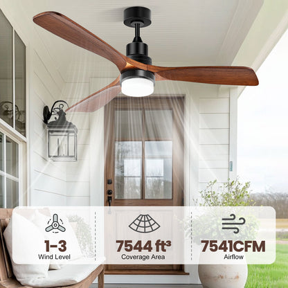 Solar Ceiling Fan Outdoor Fan with Light & Battery, 52" Solar Ceiling Fans for Outside 3 Speeds, Quiet Wood Walnut Fan with Adjustable Thermostat for Gazebo, Patios