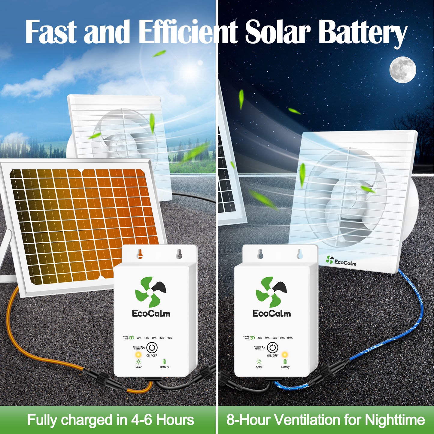 Solar Exhaust Fan with Battery and Adjustable Thermostat, Solar Powered Fan with 12W Bifacial Solar Panel for Greenhouse/Outside with Anti-backflow Valve (8in Fan)