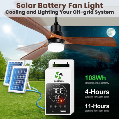 Solar Ceiling Fan Outdoor Fan with Light & Battery, 52" Solar Ceiling Fans for Outside 3 Speeds, Quiet Wood Walnut Fan with Adjustable Thermostat for Gazebo, Patios