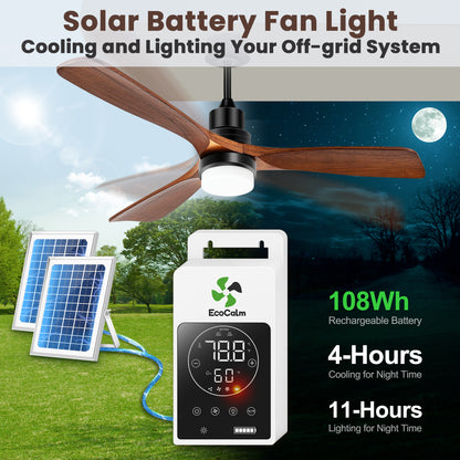 Solar Ceiling Fan for Outside 3 Speeds, Outdoor Ceiling Fans with Light & Battery, Quiet Wood Walnut Fan with Adjustable Thermostat for Gazebo, Patios (42inch)