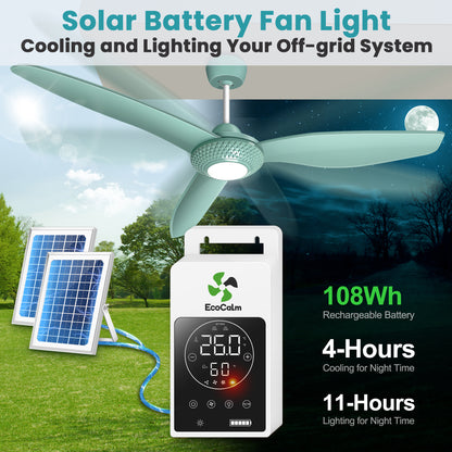 Solar Outdoor Ceiling Fan Light for Gazebo with Battery, 52" Solar Ceiling Fan with Adjustable Thermostat & 2pcs 30W Bifacial Panels for Patios, Porch, Barn, Shed
