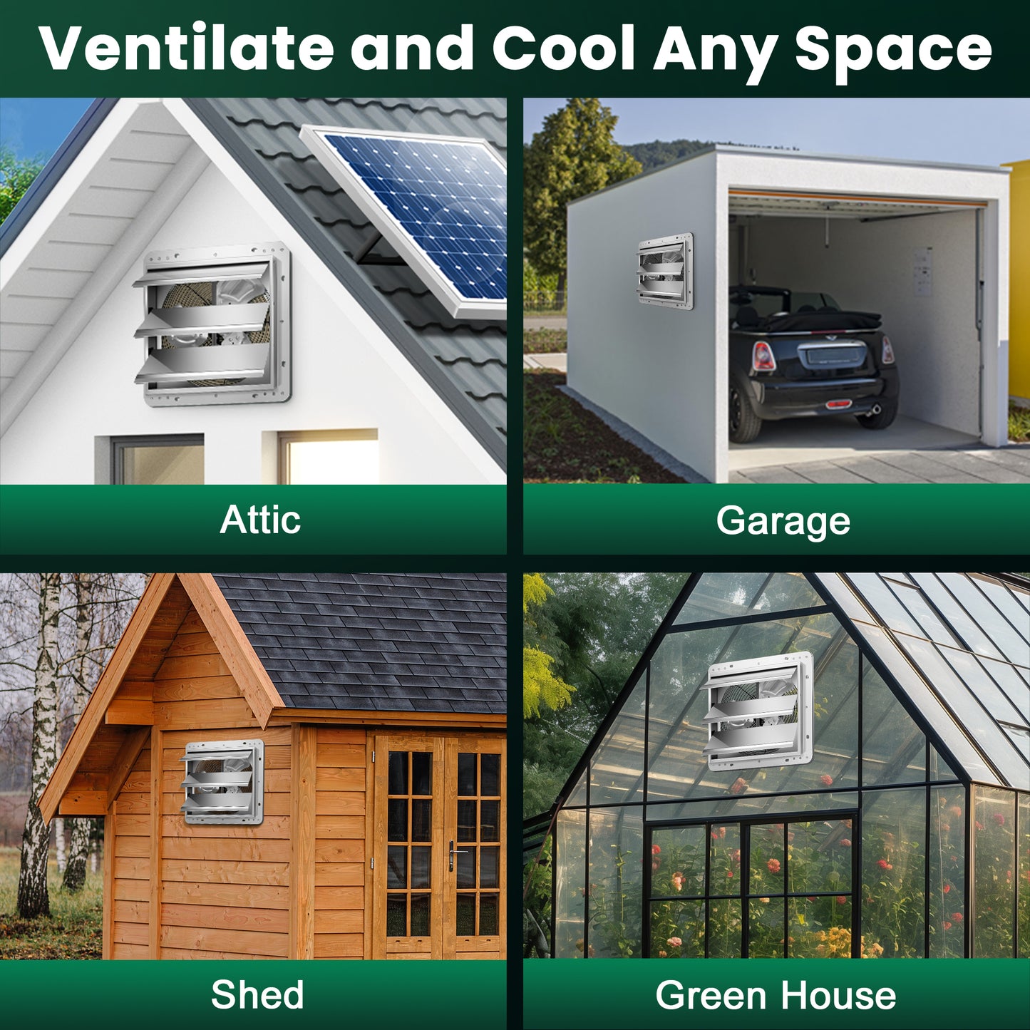 Solar Exhaust Fan Metal Structure 12" for Greenhouse with Battery and Adjustable Thermostat, Attic Fans for Garage and Shed with 2PCS 30W Bifacial Solar Panels