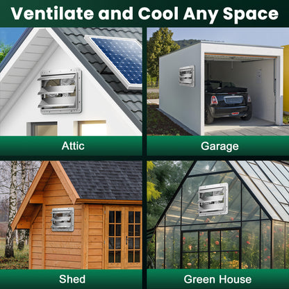 Solar Exhaust Fan Metal Structure 12" for Greenhouse with Battery and Adjustable Thermostat, Attic Fans for Garage and Shed with 2PCS 30W Bifacial Solar Panels