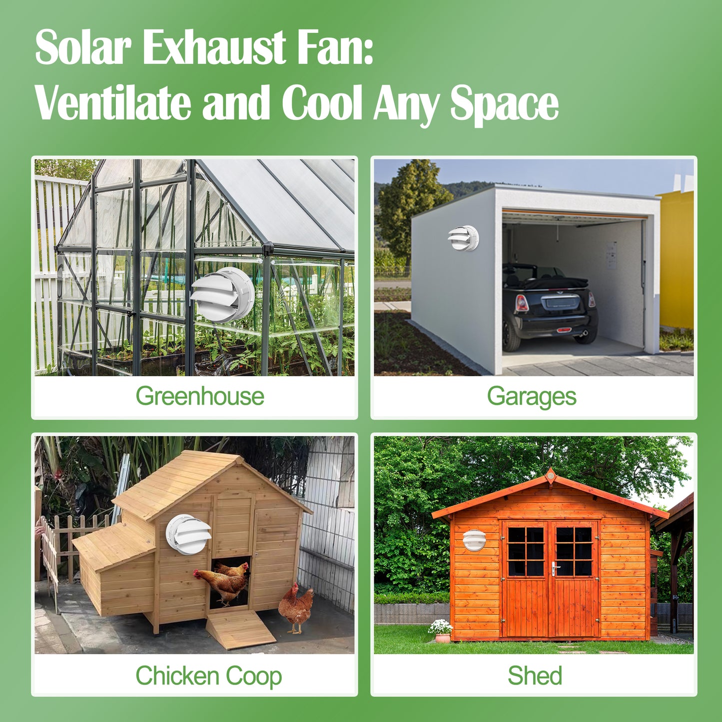 Solar Exhaust Fan with Battery and Adjustable Thermostat, Solar Powered Fan with 12W Bifacial Solar Panel for Greenhouse/Outside with Anti-backflow Valve (8in Fan)