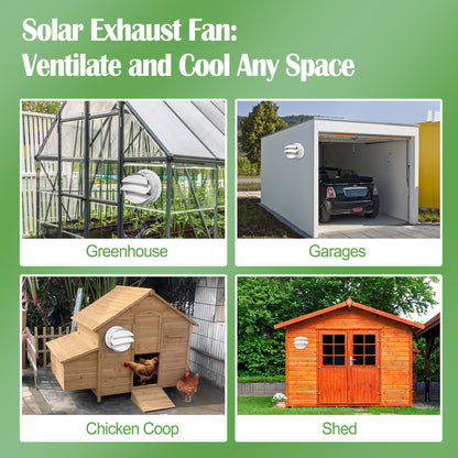 Solar Exhaust Fan with Battery and Adjustable Thermostat, Solar Powered Fan with 12W Bifacial Solar Panel for Greenhouse/Outside with Anti-backflow Valve (8in Fan)