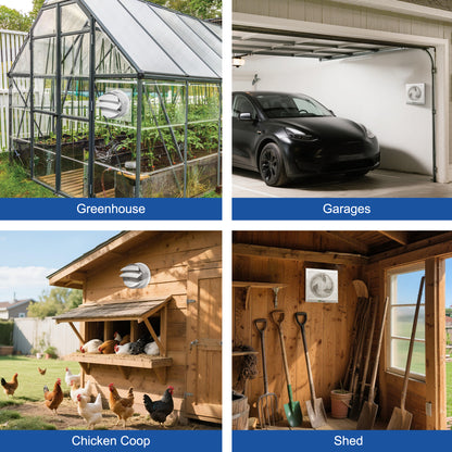 Solar Exhaust Fan with Battery and Adjustable Thermostat, Solar Powered Fan with 12W Bifacial Solar Panel for Greenhouse/Outside with Anti-backflow Valve (6in Fan)