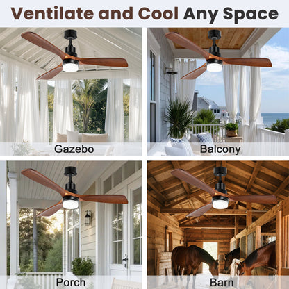 Solar Ceiling Fan Outdoor Fan with Light & Battery, 52" Solar Ceiling Fans for Outside 3 Speeds, Quiet Wood Walnut Fan with Adjustable Thermostat for Gazebo, Patios