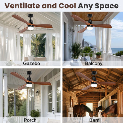Solar Ceiling Fan for Outside 3 Speeds, Outdoor Ceiling Fans with Light & Battery, Quiet Wood Walnut Fan with Adjustable Thermostat for Gazebo, Patios (42inch)