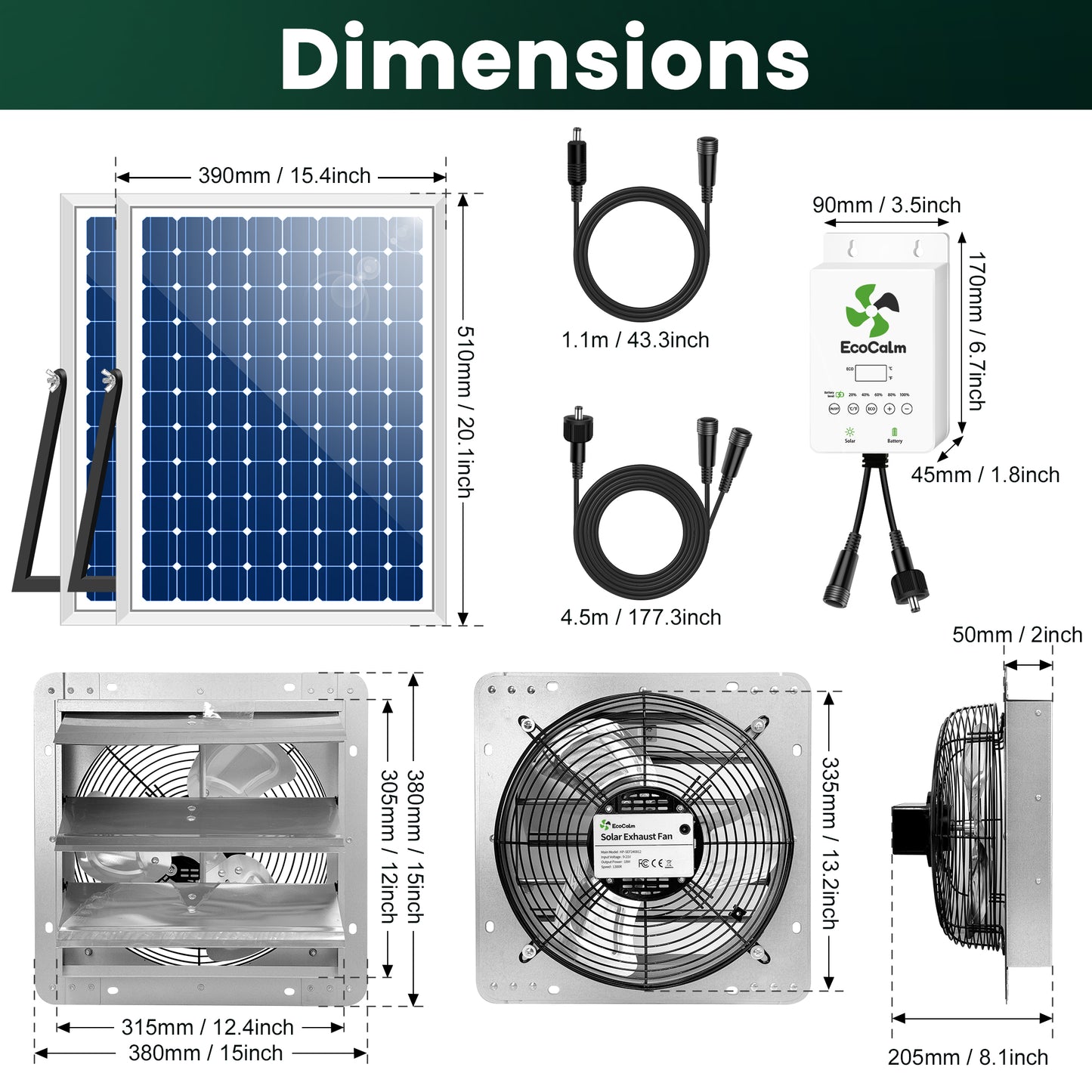 Solar Exhaust Fan Metal Structure 12" for Greenhouse with Battery and Adjustable Thermostat, Attic Fans for Garage and Shed with 2PCS 30W Bifacial Solar Panels