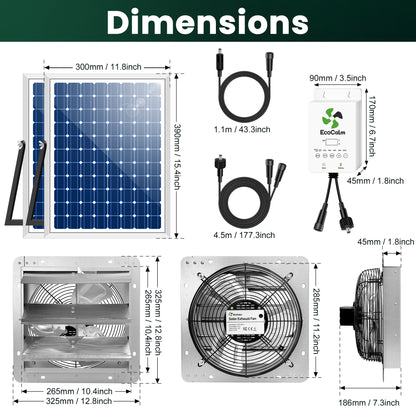 Solar Exhaust Fan Metal Structure 10" for Greenhouse with Battery and Adjustable Thermostat, Attic Fans for Garage and Shed with 2PCS 15W Bifacial Solar Panels