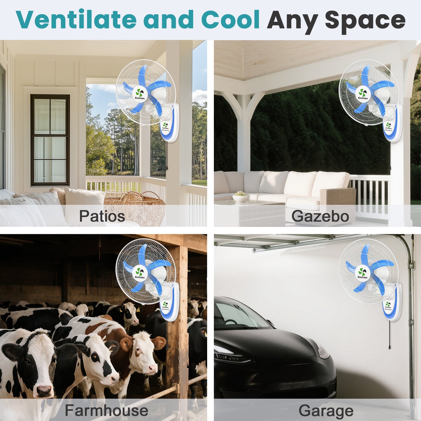 Solar Fan Wall Mount with Battery, 90° Oscillating Solar Fans for Outside with 2pcs 15W Panels, 18" Outdoor Fan High Velocity, 5 Blades 3 Speeds