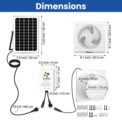 Solar Exhaust Fan with Battery and Adjustable Thermostat, Solar Powered Fan with 12W Bifacial Solar Panel for Greenhouse/Outside with Anti-backflow Valve (6in Fan)