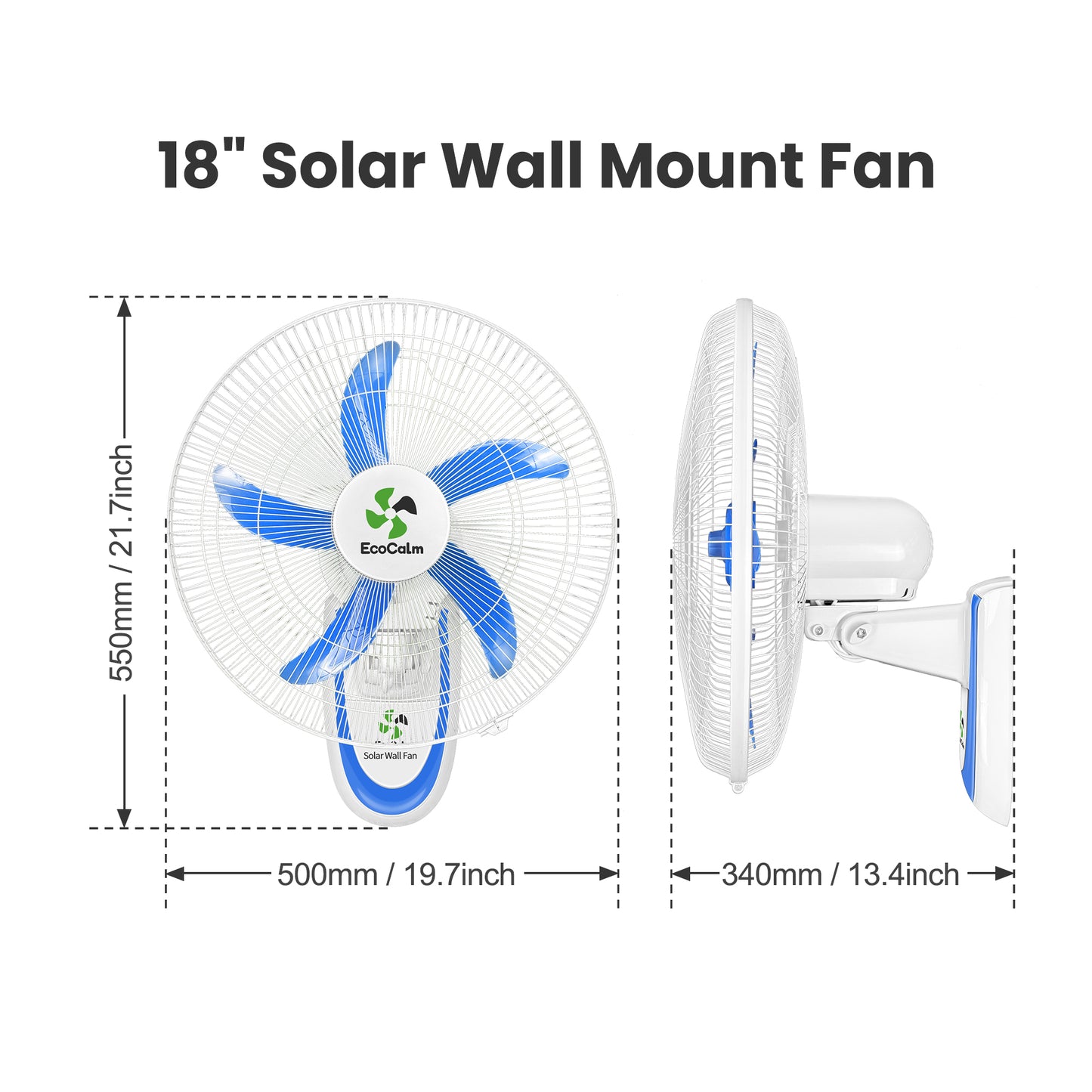 Solar Fan Wall Mount with Battery, 90° Oscillating Solar Fans for Outside with 2pcs 15W Panels, 18" Outdoor Fan High Velocity, 5 Blades 3 Speeds